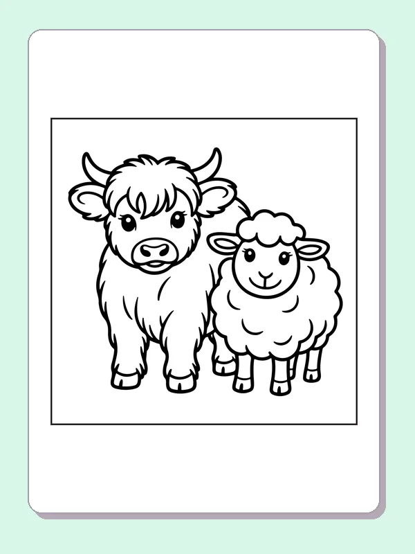 Highland calf beside a sheep coloring page: black and white line art to print or color online
