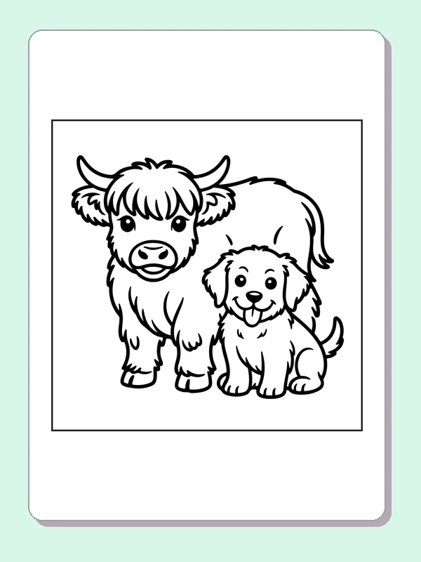 Highland calf with a puppy coloring page: black and white line art to print or color online