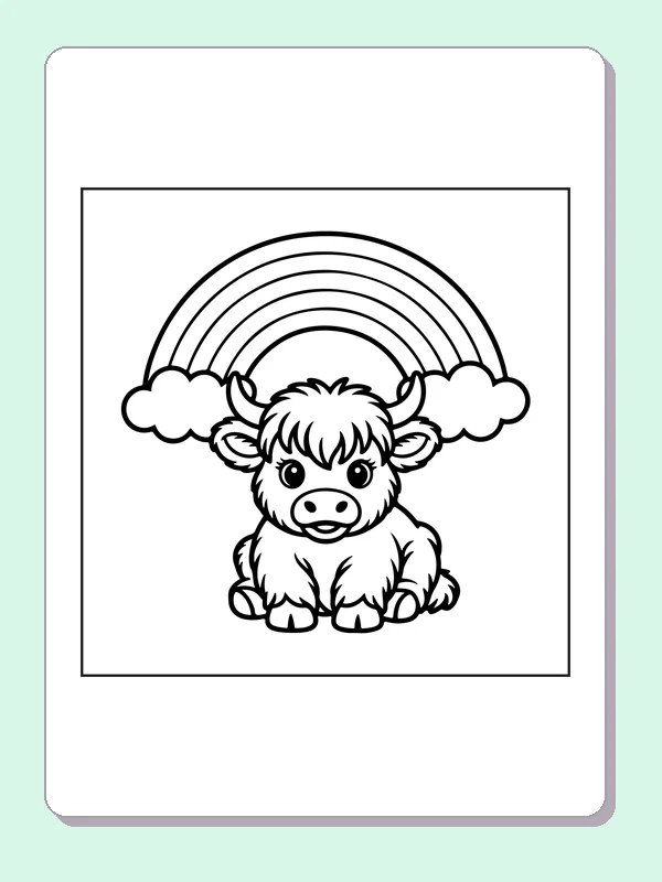 Sitting Highland calf under a rainbow coloring page: black and white line art to print or color online
