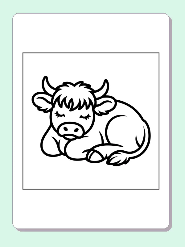 Sleeping Highland calf coloring page: black and white line art to print or color online