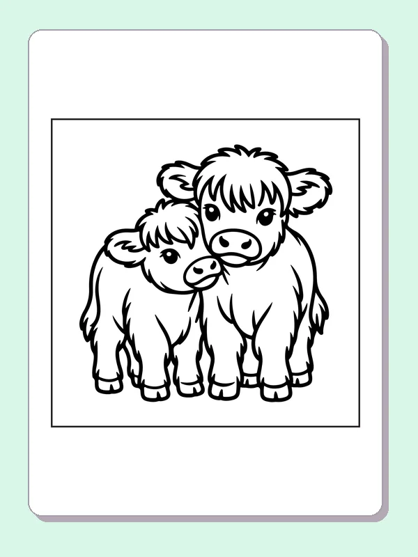 Two Highland cows together coloring page: black and white line art to print or color online