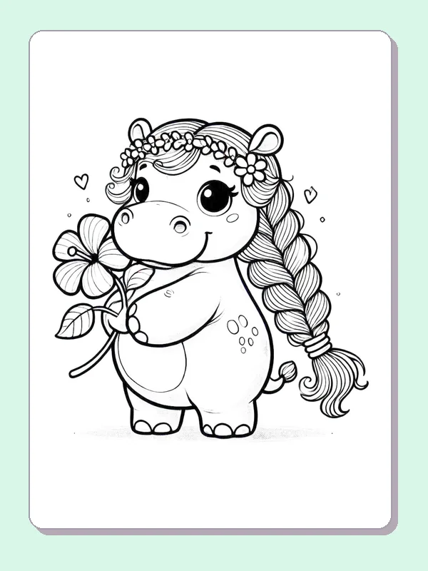 Braided Hippo with Flowers in Her Hair coloring page: black and white line art to print or color online