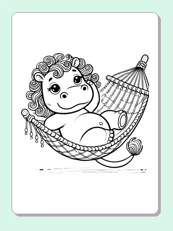 Curly Haired Hippo in a Hammock coloring page: black and white line art to print or color online
