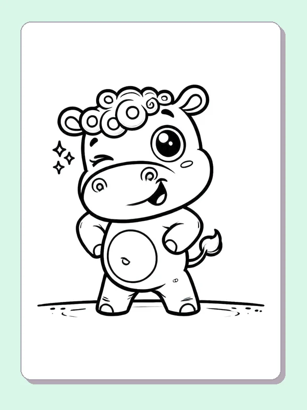 Curly-Haired Hippo Standing Proudly coloring page: black and white line art to print or color online