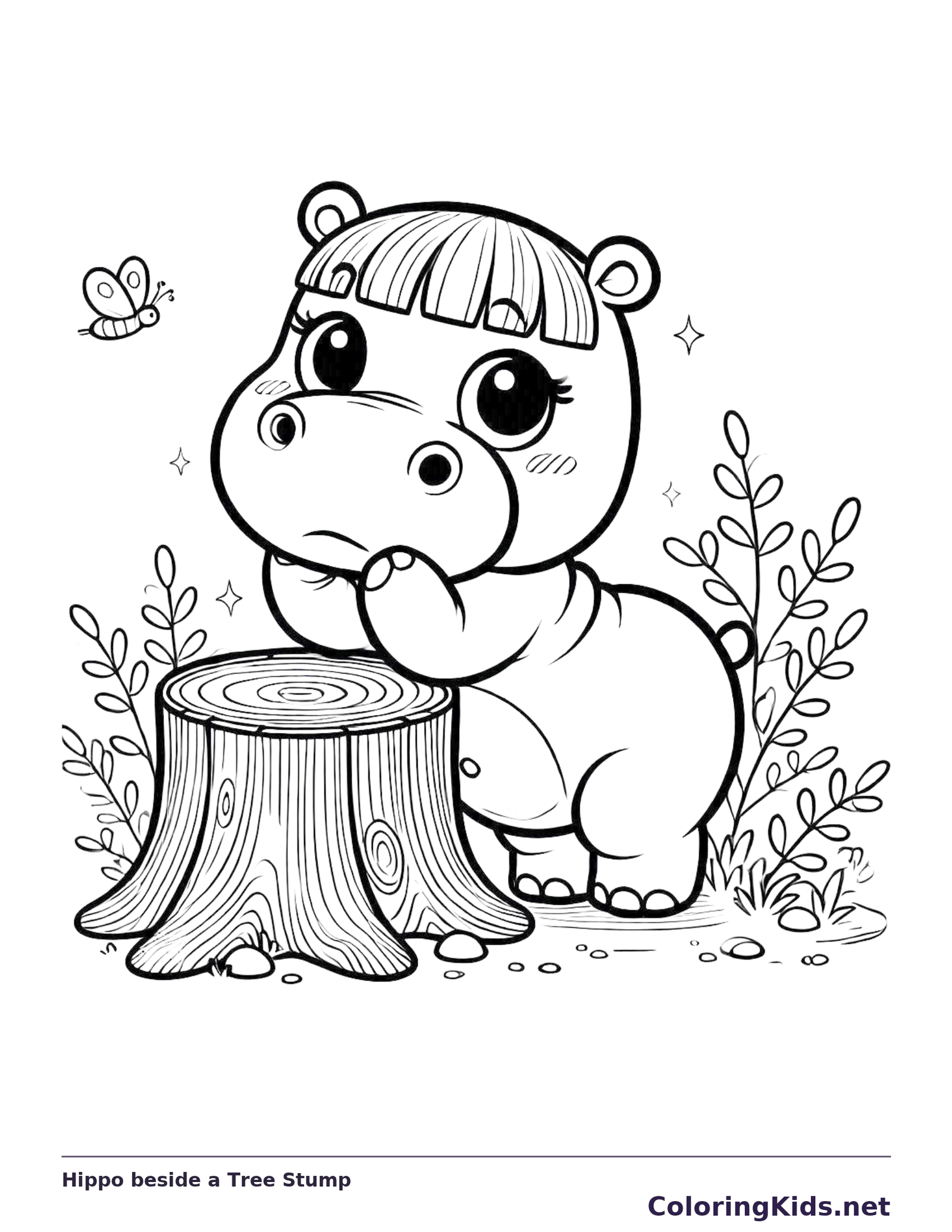 Hippo beside a Tree Stump coloring page: black and white line art to print or color online