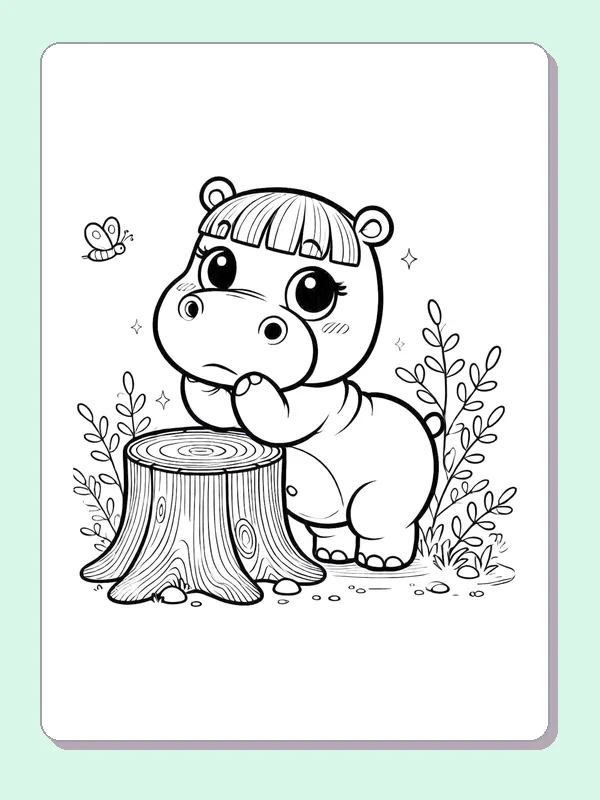 Hippo beside a Tree Stump coloring page: black and white line art to print or color online