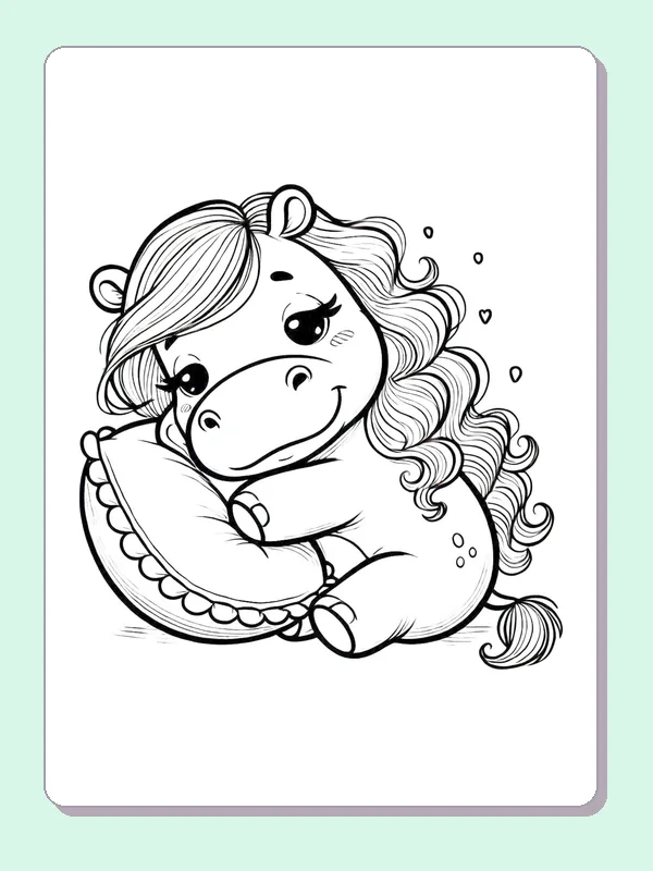 Hippo Cuddling a Soft Pillow coloring page: black and white line art to print or color online