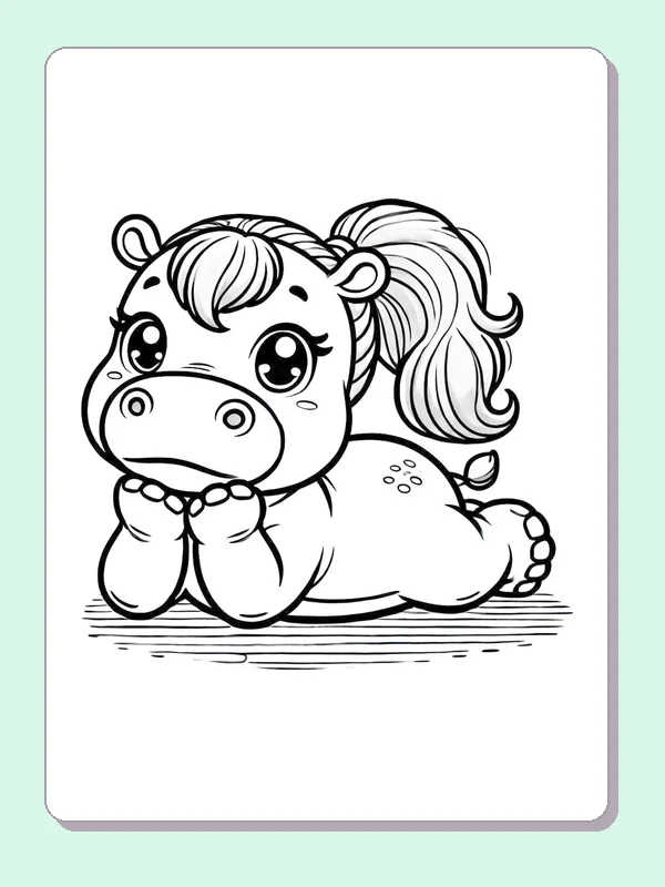 Hippo Lying Down with Her Chin on Her Hooves coloring page: black and white line art to print or color online