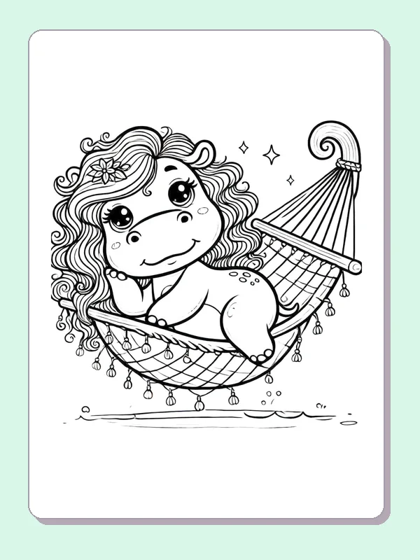 Hippo Resting in a Woven Hammock coloring page: black and white line art to print or color online