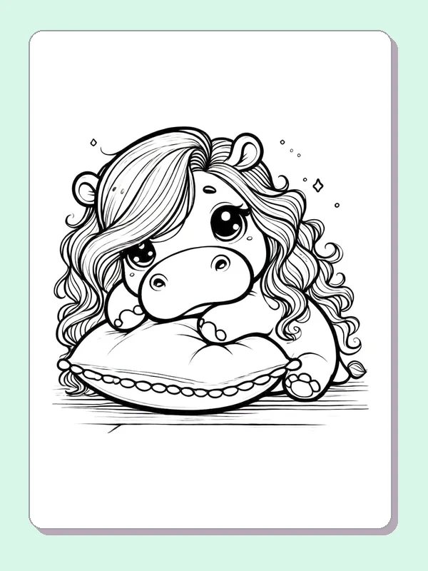 Hippo Resting on a Pillow coloring page: black and white line art to print or color online