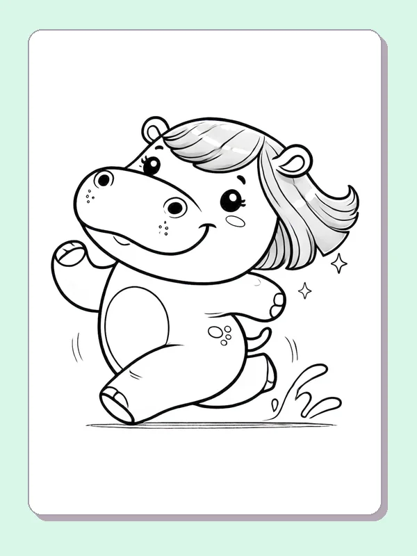 Hippo Running through a Splash coloring page: black and white line art to print or color online