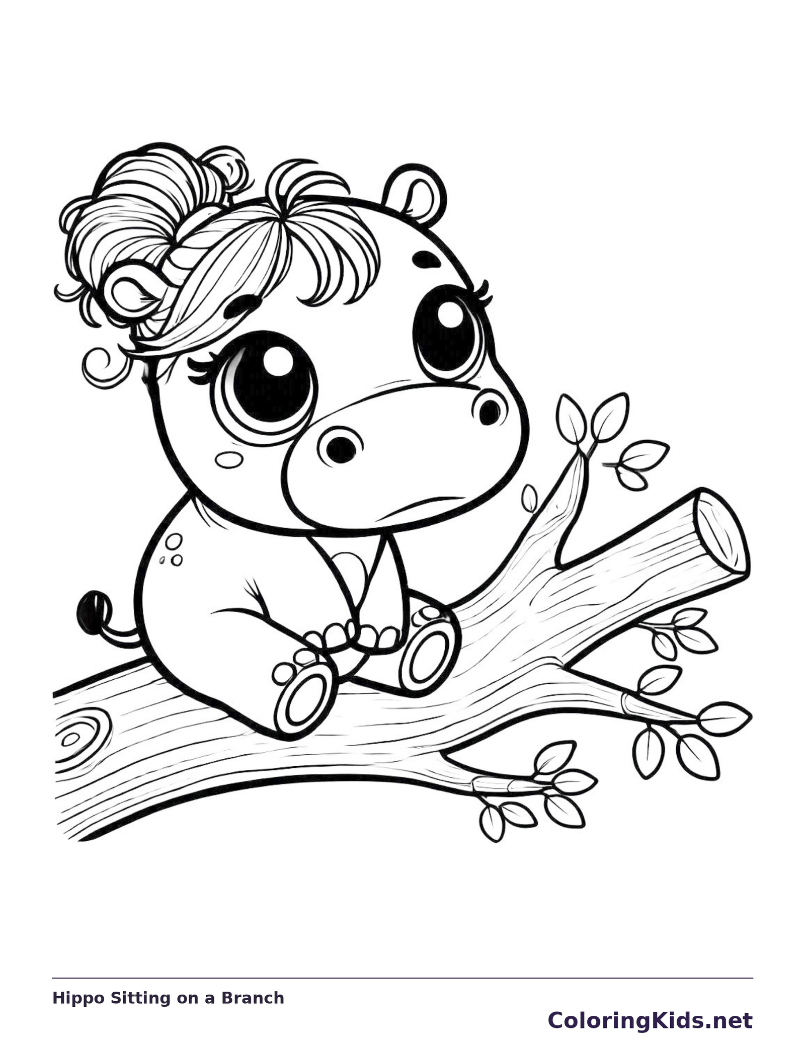 Hippo Sitting on a Branch coloring page: black and white line art to print or color online