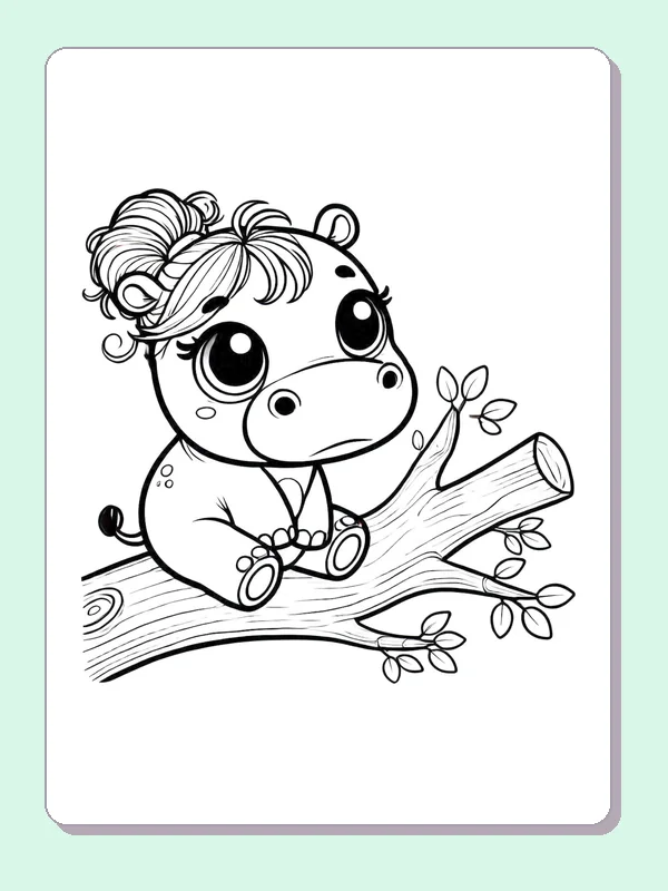 Hippo Sitting on a Branch coloring page: black and white line art to print or color online