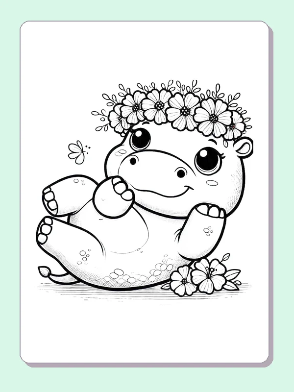 Hippo Wearing a Flower Crown coloring page: black and white line art to print or color online