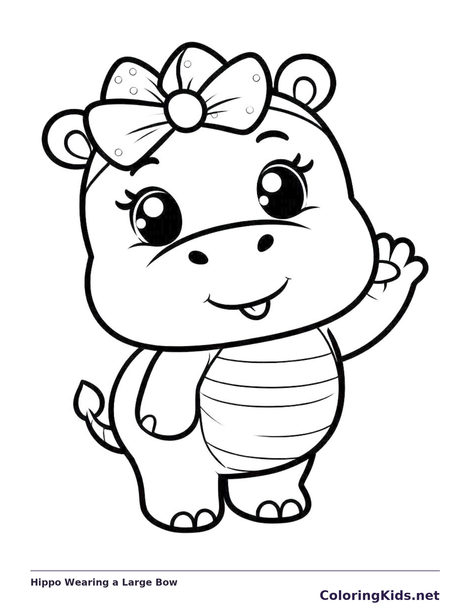 Hippo Wearing a Large Bow coloring page: black and white line art to print or color online