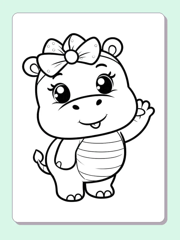 Hippo Wearing a Large Bow coloring page: black and white line art to print or color online
