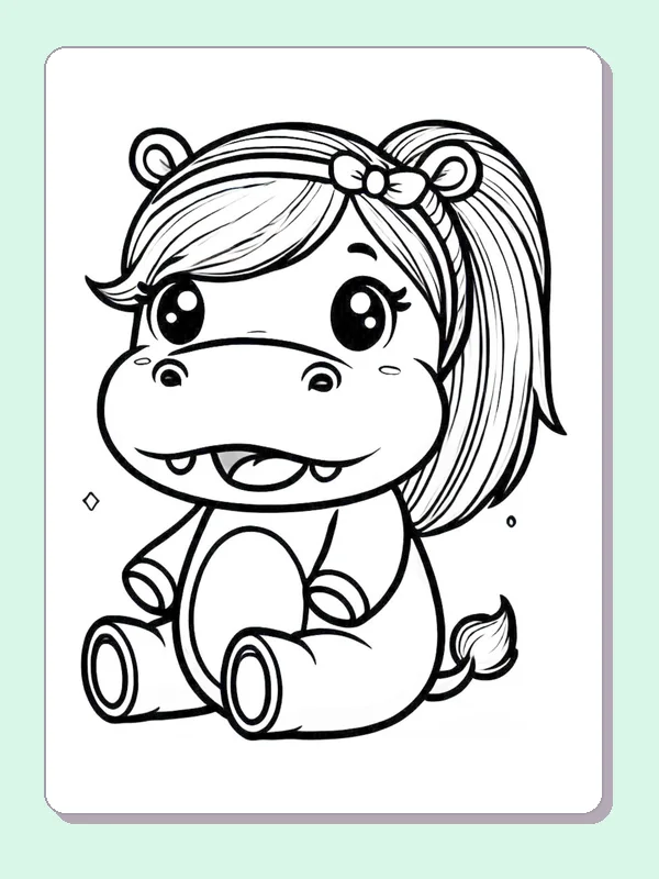 Hippo with a Ponytail Sitting Down coloring page: black and white line art to print or color online
