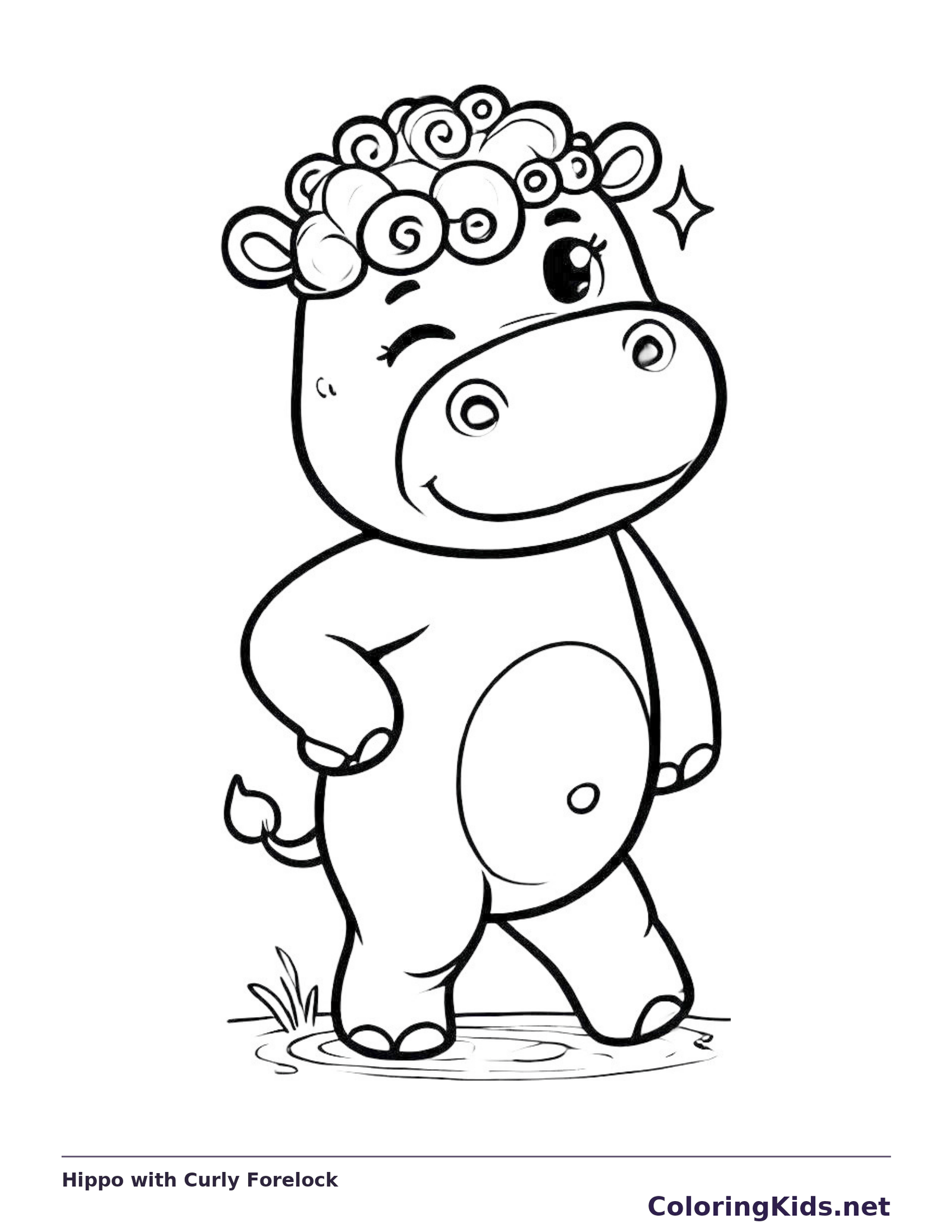 Hippo with Curly Forelock coloring page: black and white line art to print or color online