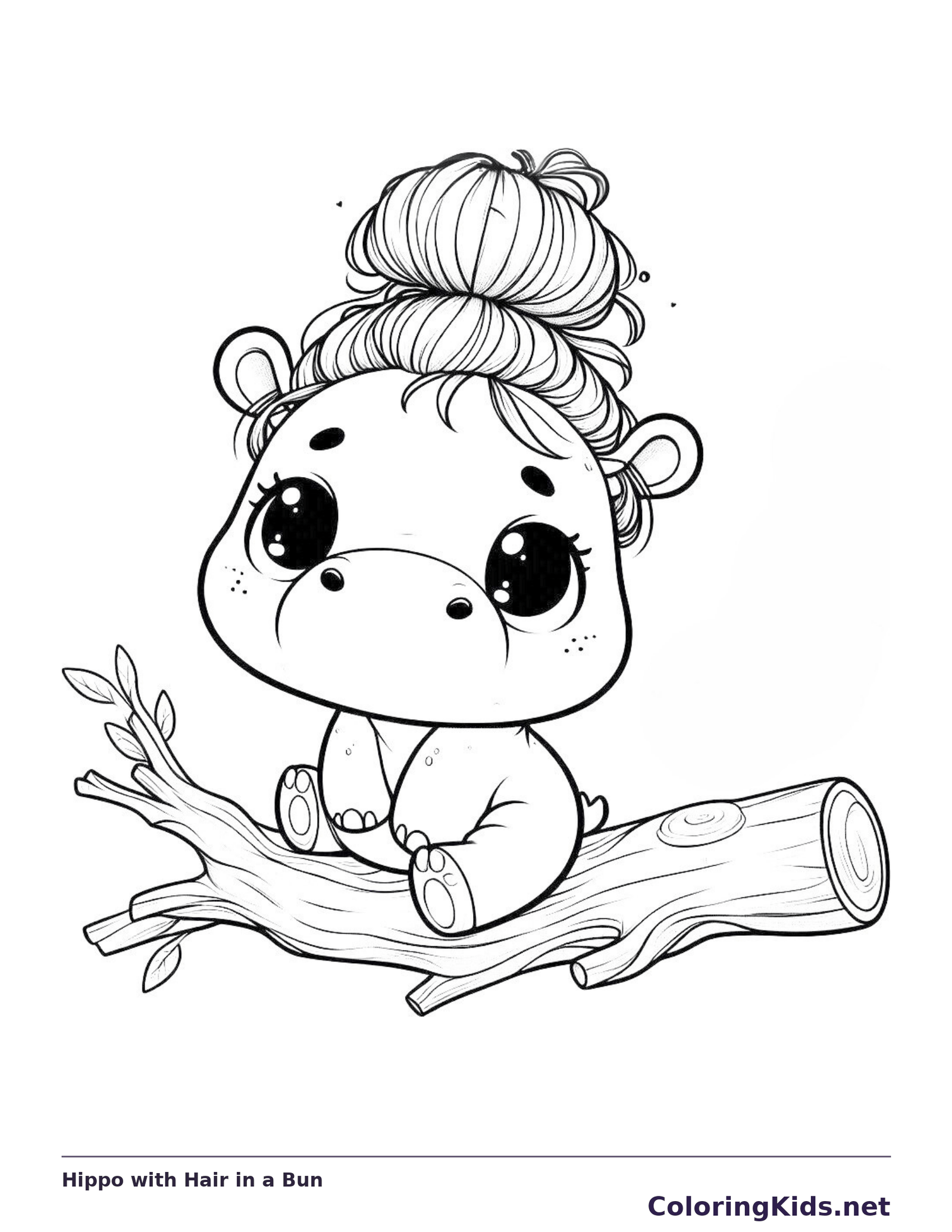 Hippo with Hair in a Bun coloring page: black and white line art to print or color online