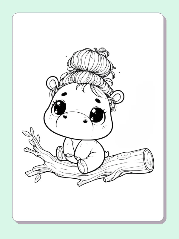 Hippo with Hair in a Bun coloring page: black and white line art to print or color online