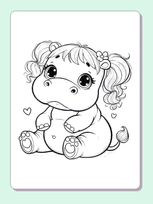 Little Hippo with Pigtails coloring page: black and white line art to print or color online