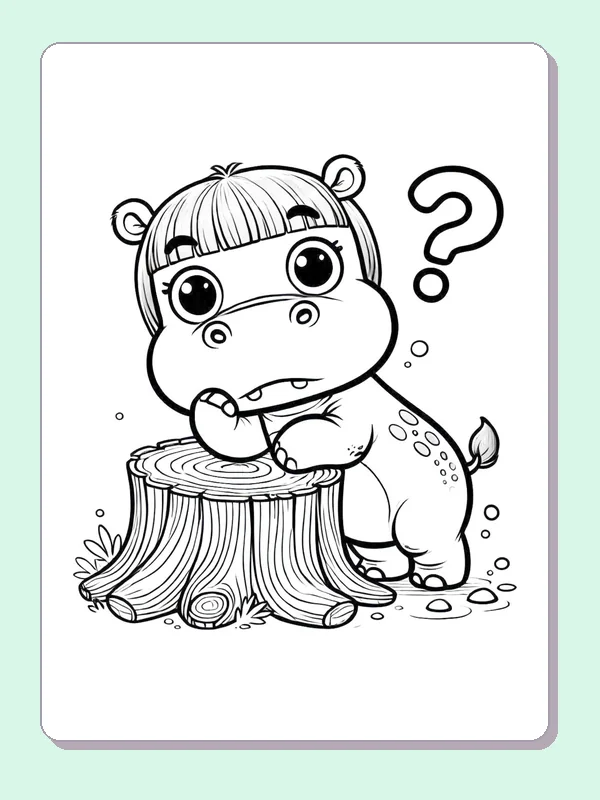 Puzzled Hippo beside a Tree Stump coloring page: black and white line art to print or color online