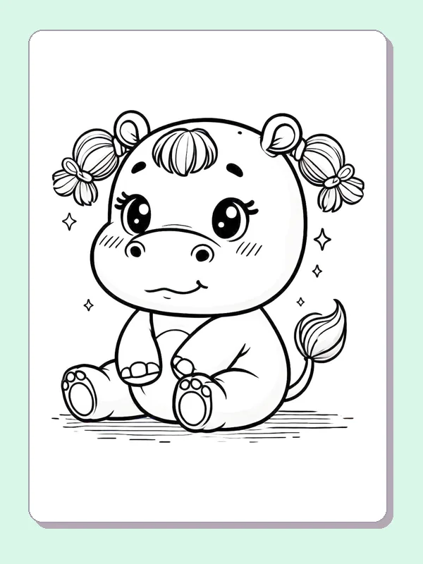 Seated Hippo with Hair Bows coloring page: black and white line art to print or color online