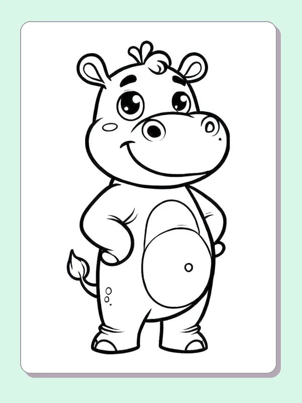 Simple Smiling Hippo Standing coloring page: black and white line art to print or color online