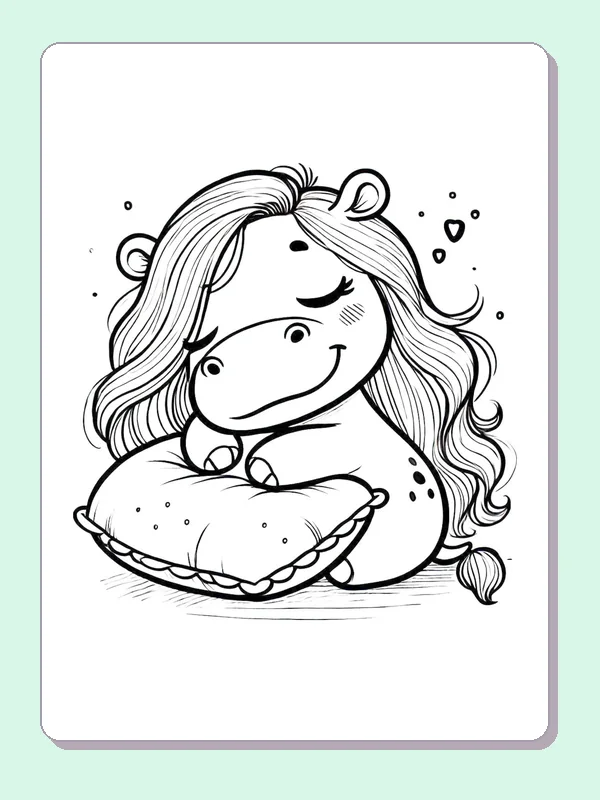 Sleepy Hippo Leaning on a Pillow coloring page: black and white line art to print or color online