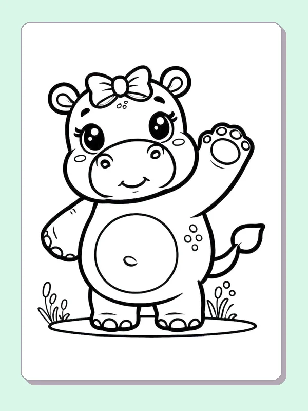 Waving Hippo with a Bow coloring page: black and white line art to print or color online