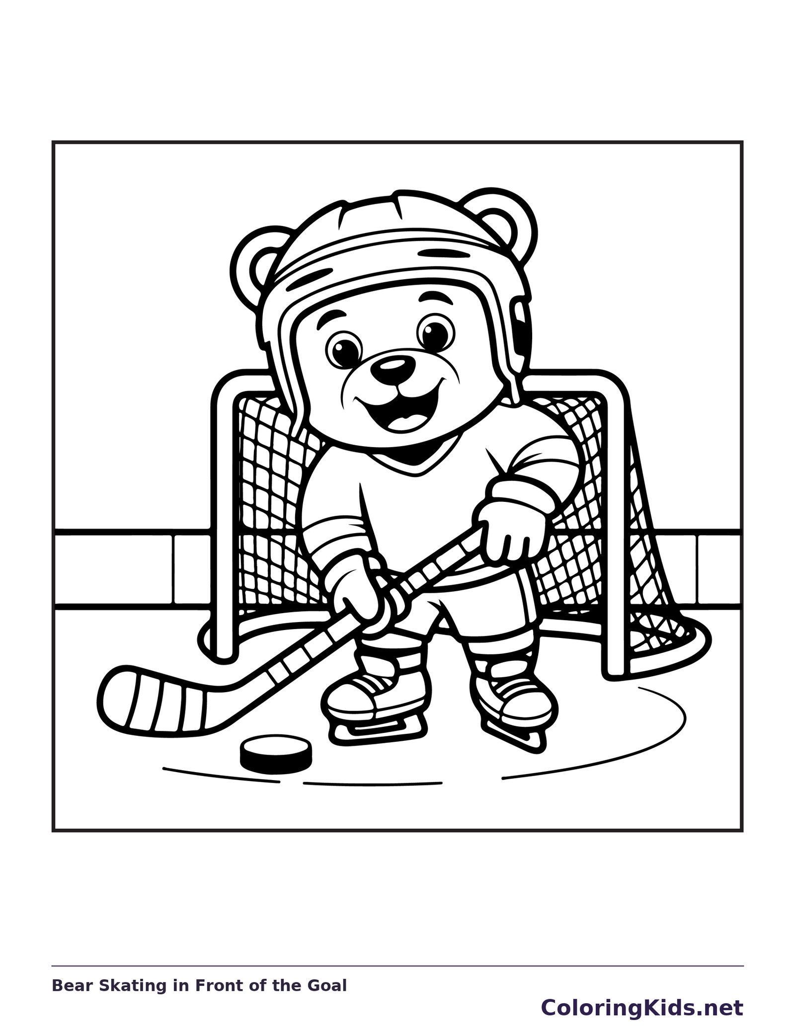 Black and white printable bear skating in front of the goal coloring sheet