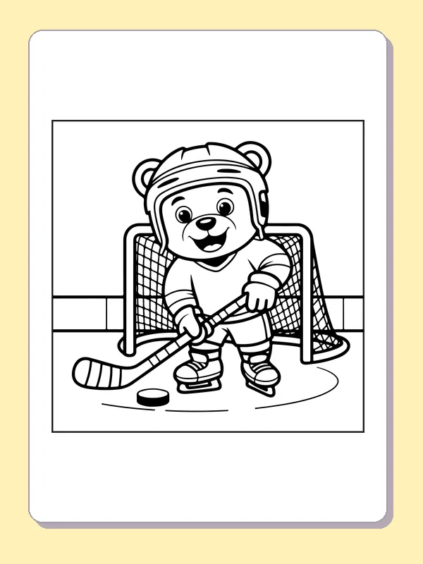 Black and white printable bear skating in front of the goal coloring sheet