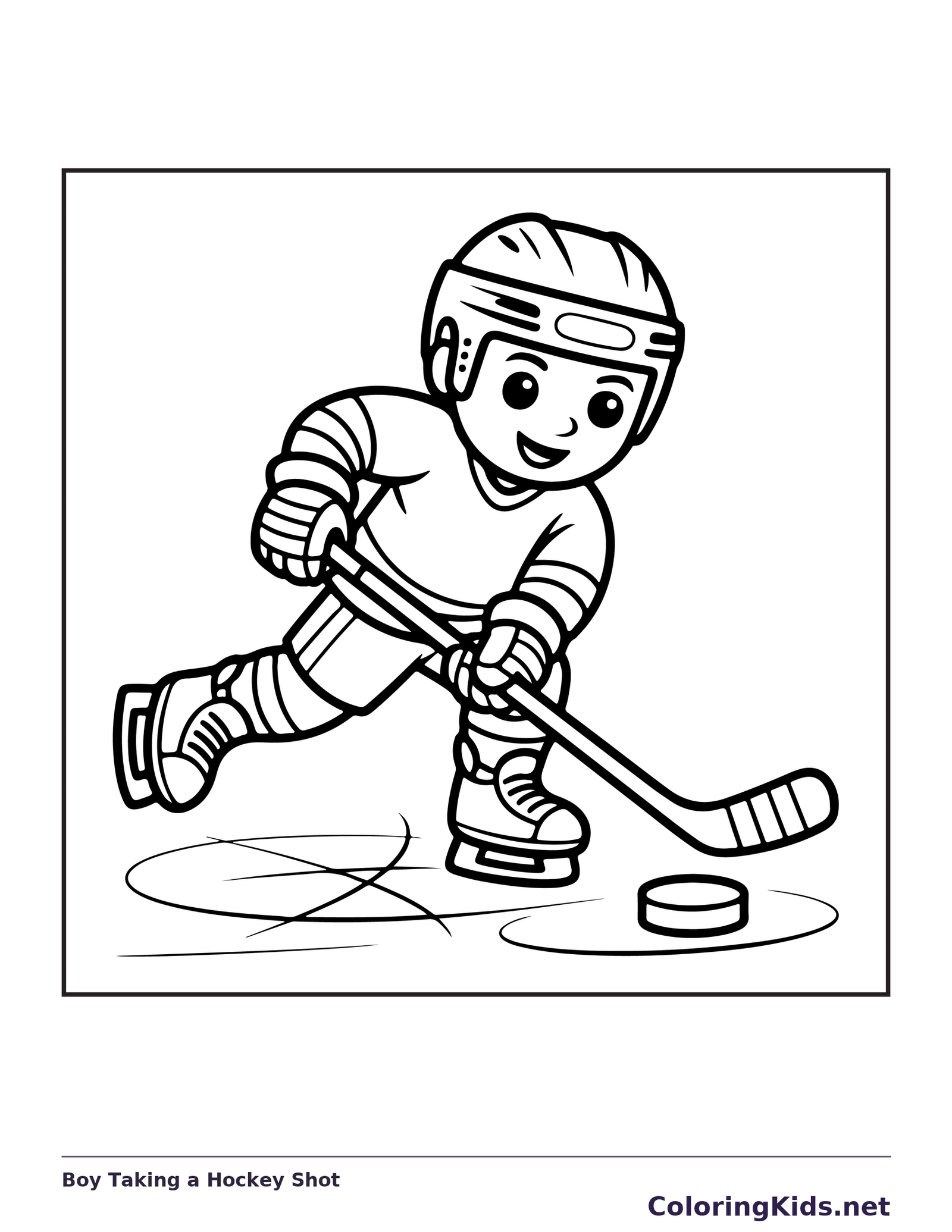Black and white printable boy taking a hockey shot coloring sheet