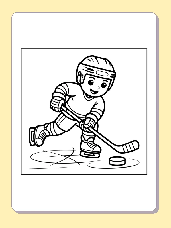 Black and white printable boy taking a hockey shot coloring sheet