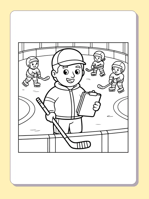 Black and white printable coach with clipboard at the rink coloring sheet