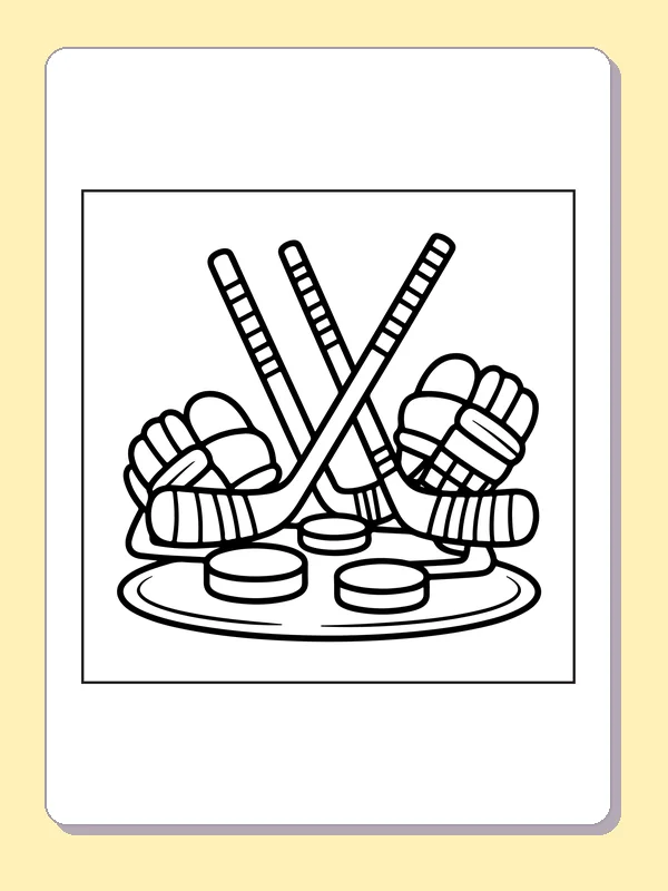 Black and white printable crossed hockey sticks and three pucks coloring sheet