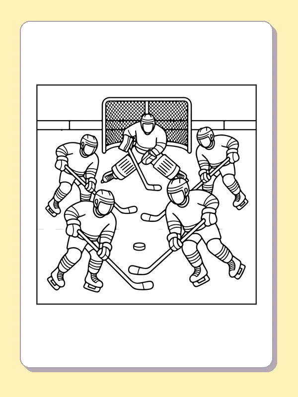 Black and white printable five players around the hockey goal coloring sheet
