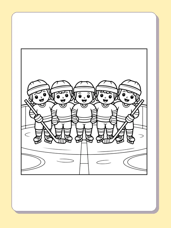 Black and white printable five young hockey teammates coloring sheet