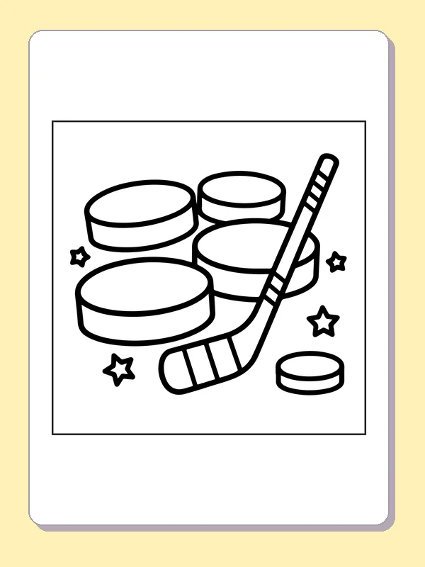 Black and white printable four pucks beside a hockey stick coloring sheet