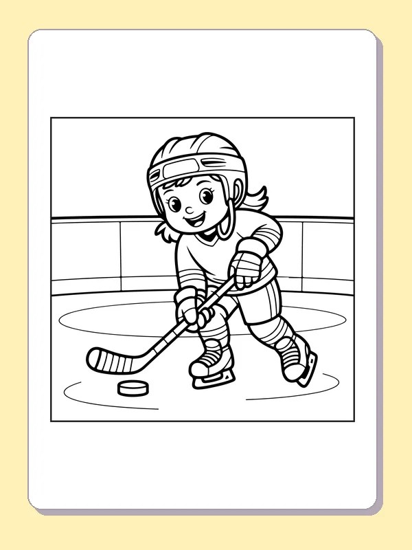 Black and white printable girl skating with the puck coloring sheet
