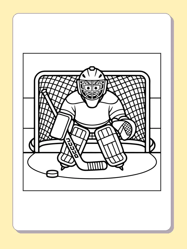Black and white printable goalie guarding the net coloring sheet