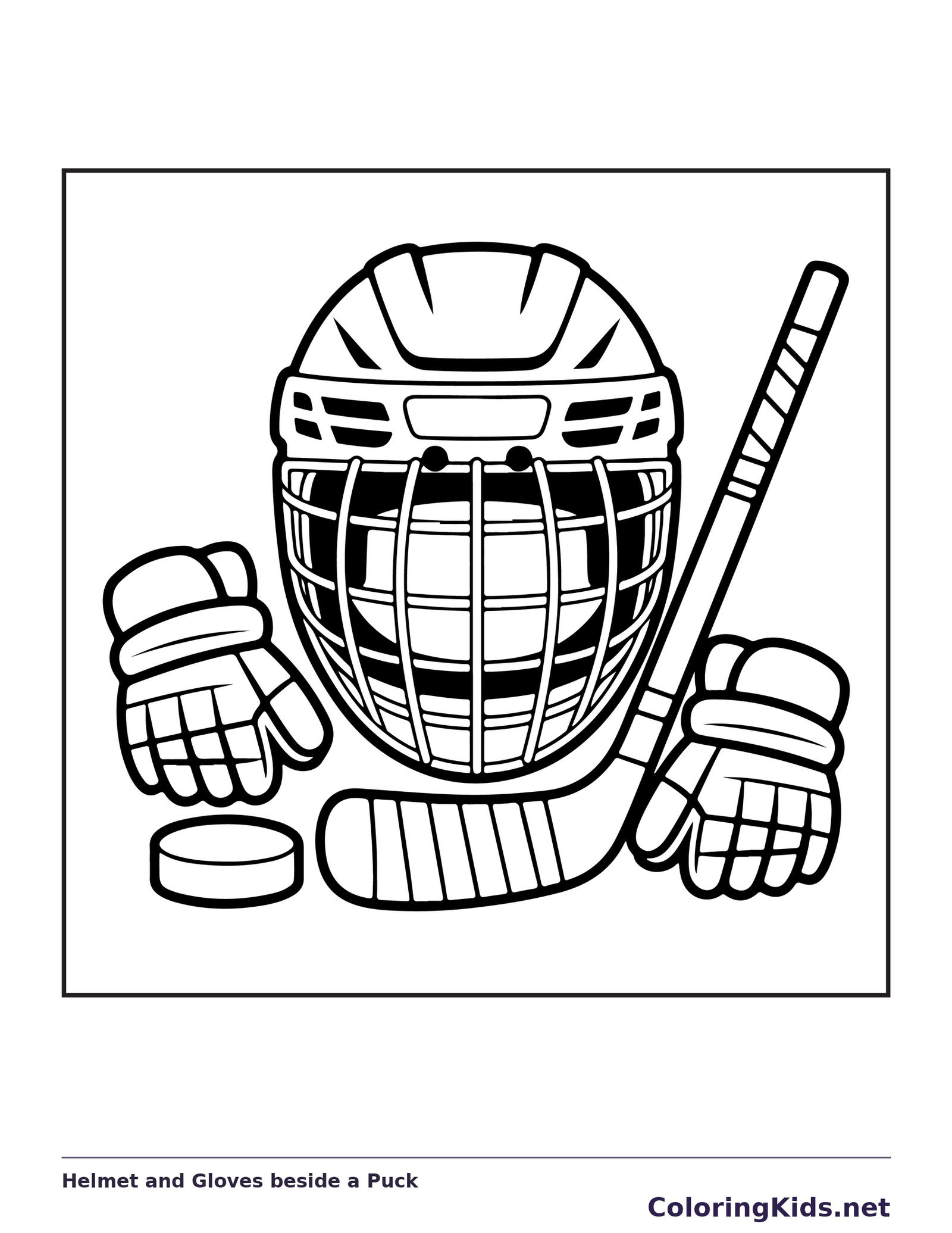 Black and white printable helmet and gloves beside a puck coloring sheet