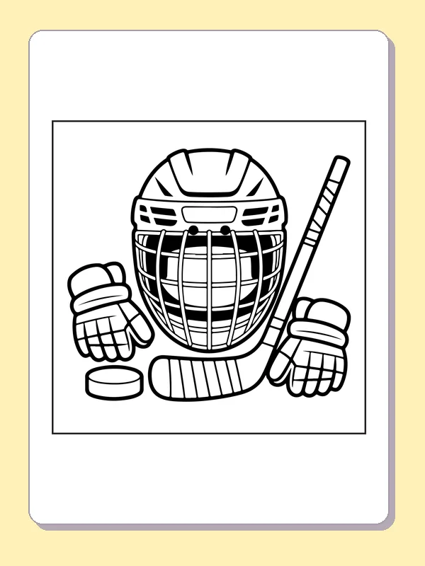 Black and white printable helmet and gloves beside a puck coloring sheet