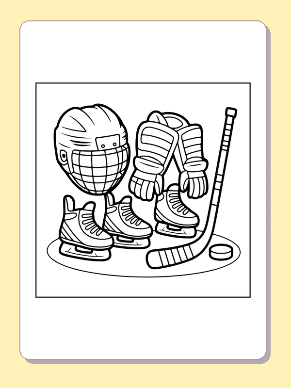 Black and white printable helmet skates and hockey gloves coloring sheet