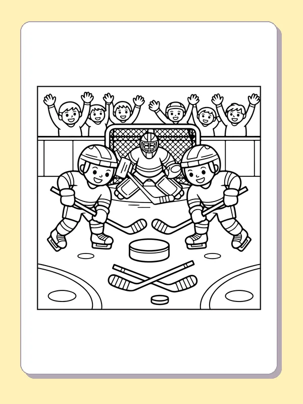 Black and white printable hockey game with cheering crowd coloring sheet