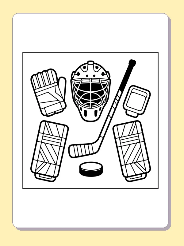 Black and white printable hockey helmet gloves stick and puck coloring sheet