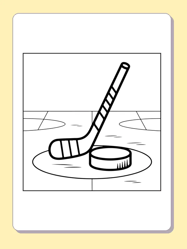 Black and white printable hockey stick and puck at center ice coloring sheet
