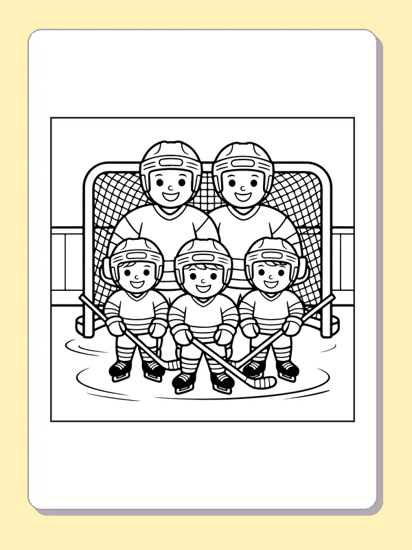 Black and white printable hockey team posing at the net coloring sheet