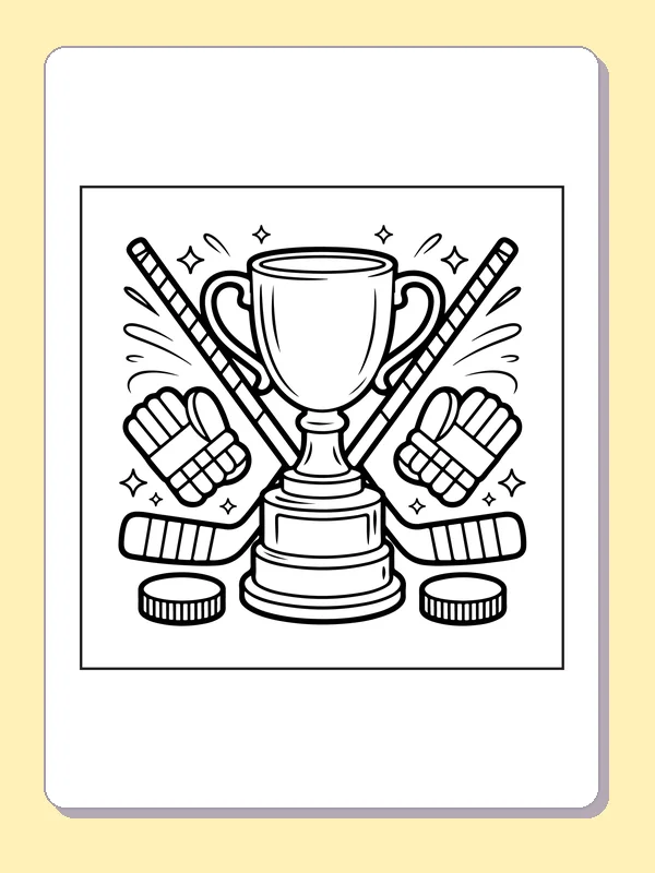 Black and white printable hockey trophy with crossed sticks coloring sheet