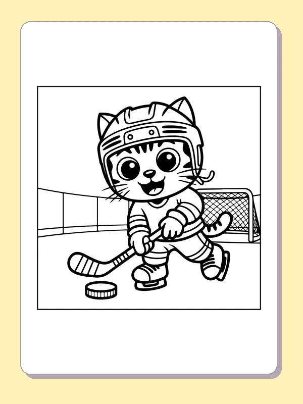 Black and white printable kitten skating with a hockey stick coloring sheet